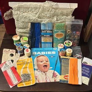 Vintage Sewing Notions & Thread Lot with Lace, 1962 Crochet for Babies Booklet